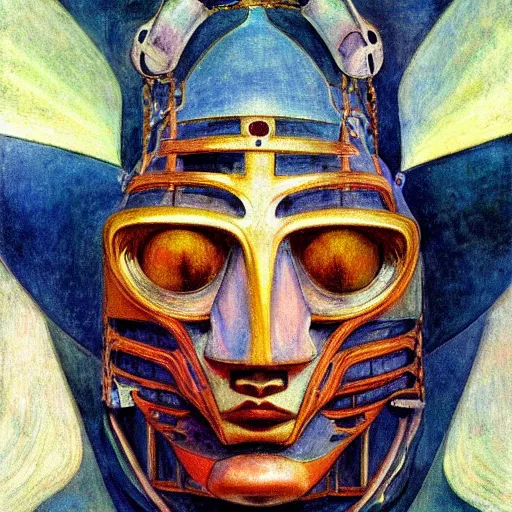 Image similar to the robot in her moth mask, by Annie Swynnerton and Diego Rivera, symbolist, dramatic lighting, elaborate geometric ornament, Art Deco,god rays, soft cool colors,smooth, sharp focus, extremely detailed, Adolf Wölfli