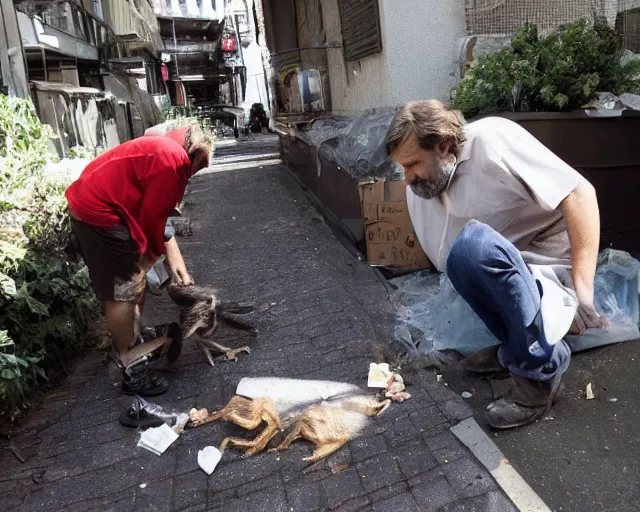 Prompt: slavoj zizek battling with a racoon for food in a trash container in the street