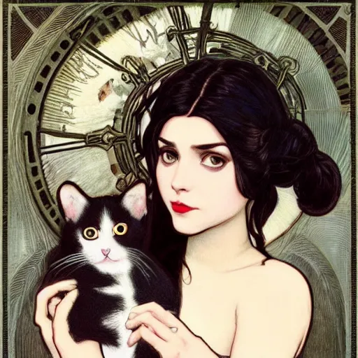 Prompt: cute goth girl with long dark hair parted sideways thick eyebrows and dark eyes wide button nose, big eyes, big lips, she is holding a cat in her arms, by juan villafuerte, greg rutkowski and alphonse mucha, pexels contest winner, high quality photo, rtx, hd