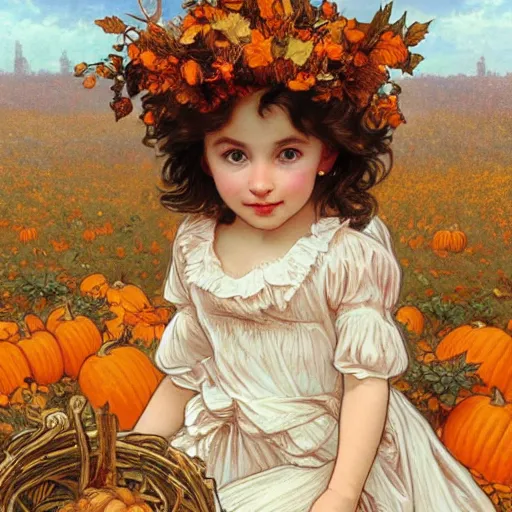 Image similar to a cute little girl with light brown wavy curly hair and blue eyes sitting amidst piles of pumpkins. beautiful cute highly detailed face. she is wearing a crown of autumn leaves. autumn and fall and halloween themed painting by alphonse mucha and artgerm and greg rutkowski.