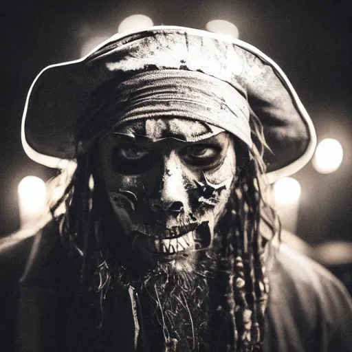 Prompt: masterpiece portrait photo a dirty skull masked hunched old slim pirate lord with a black hat, long beard, long hair, black coat, ragged and torn, wooden inn by torchlight, dslr, cinematic, photography, sigma lens 7 0 mm