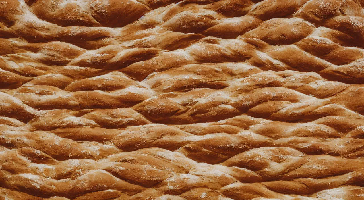 Prompt: macro shot of canyons made of bread with waves of butter, so much butter filling up the canyons, canon 1 0 0 mm, wes anderson film, kodachrome