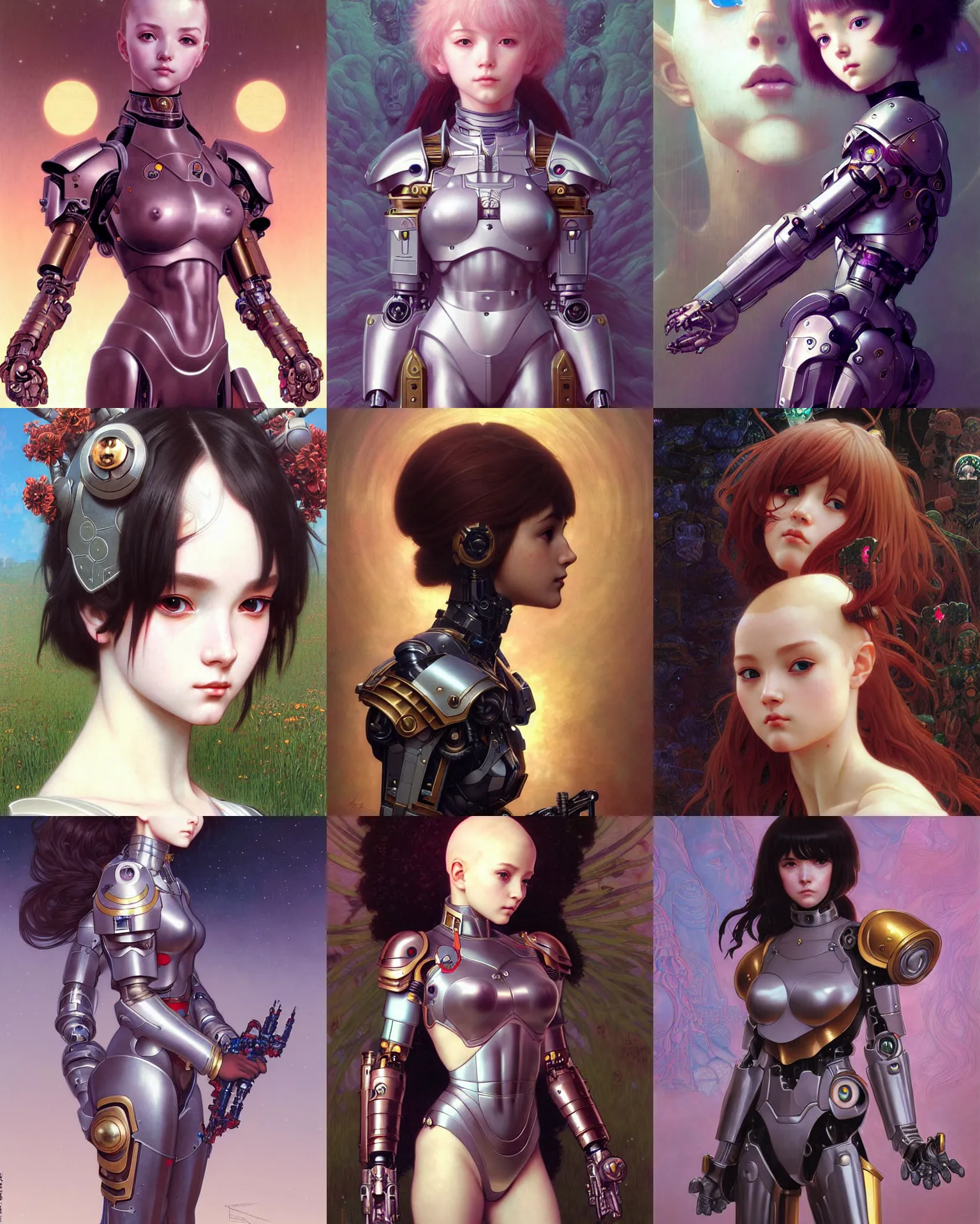 Prompt: portrait of beautiful!! cute cyborg girl in warhammer armor, high details, art by ( ( ( kuvshinov ilya ) ) ) and wayne barlowe and gustav klimt and artgerm and wlop and william - adolphe bouguereau