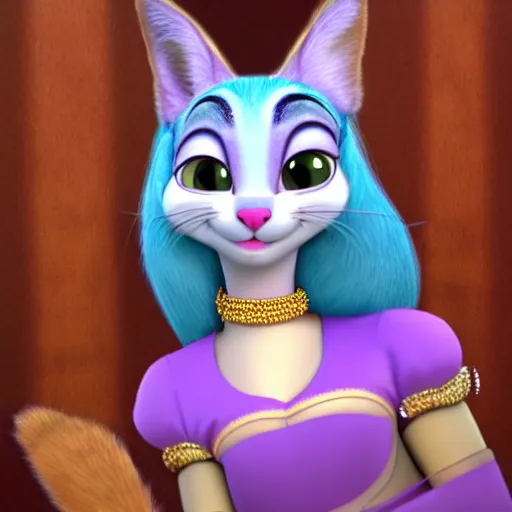 Image similar to princes jasmin, anthropomorphic cat, in the style of zootopia