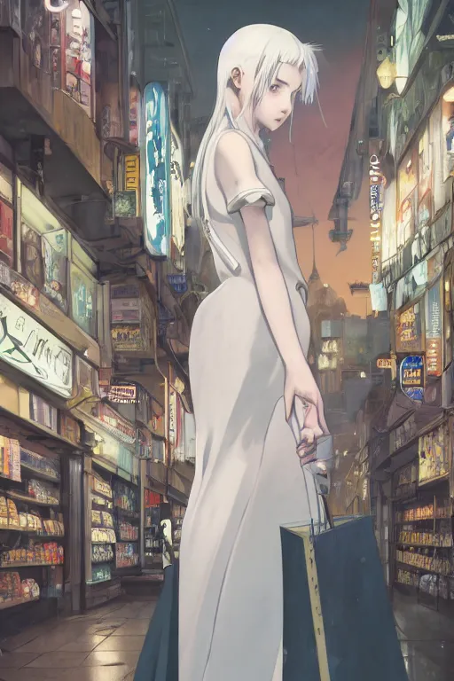 Image similar to a white haired girl with a guitar on her back shopping at a convenience store at night, grey and dark theme, s line, 4 5 angel by krenz cushart and mucha and makoto shinkai, 4 k resolution