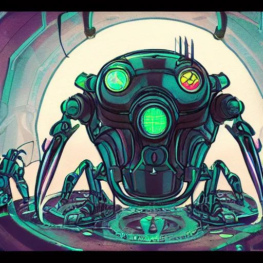 Image similar to concept art of a cyberpunk insectoid underwater alien and its minions, retro technology