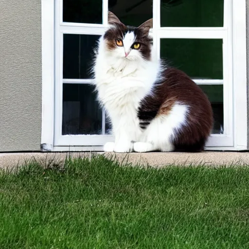 Image similar to a fluffy cute calico cat sitting on the corner of a front yard outside in the late afternoon on a beautiful summer day, sunset