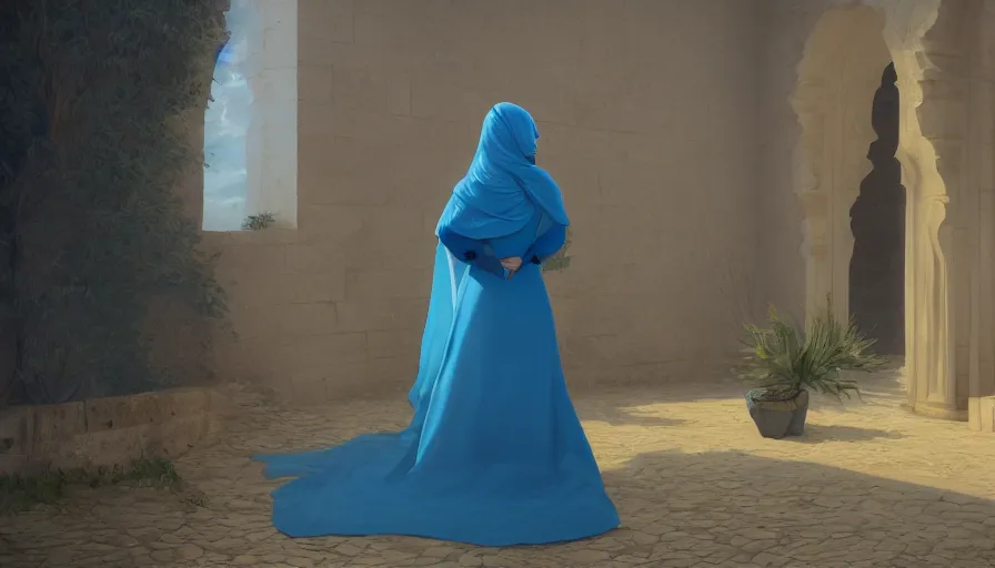 Prompt: detailed photograph of a beautiful young arab woman wearing a blue dress with veil, by caspar david friedrich by james gilleard and justin gerard, artstation, smooth, sharp focus, by jean baptiste, octane render