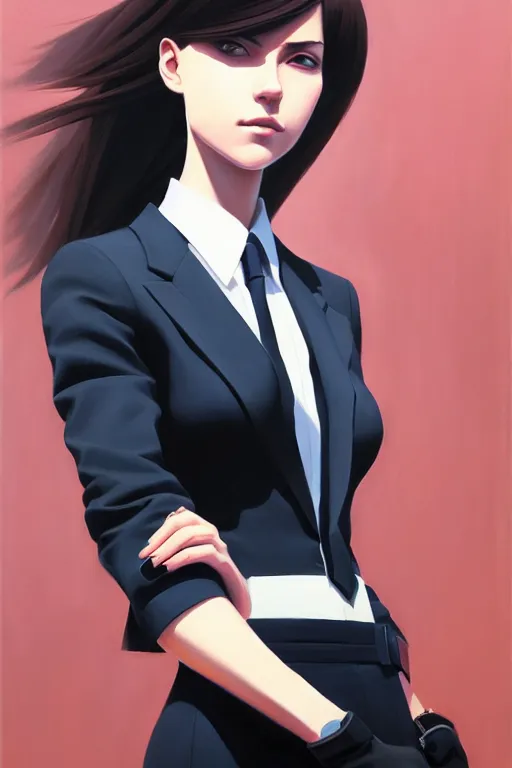 Image similar to a ultradetailed beautiful panting of a stylish woman wearing a formal suit with a tie, oil painting, by ilya kuvshinov, greg rutkowski and makoto shinkai, trending on artstation