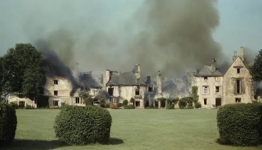 Prompt: 1 9 7 0 s movie still of a heavy burning french style manor in a small french village, cinestill 8 0 0 t 3 5 mm, heavy grain, high quality, high detail, dramatic light, anamorphic, flares