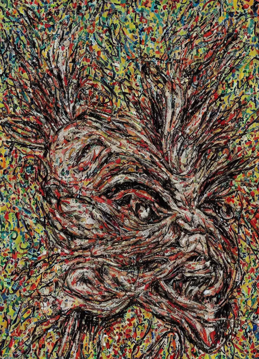 Image similar to donald trump's disgusting true form bursting from within, gross, slimy, sleazy, pustules, high details, intricate details, by jackson pollock