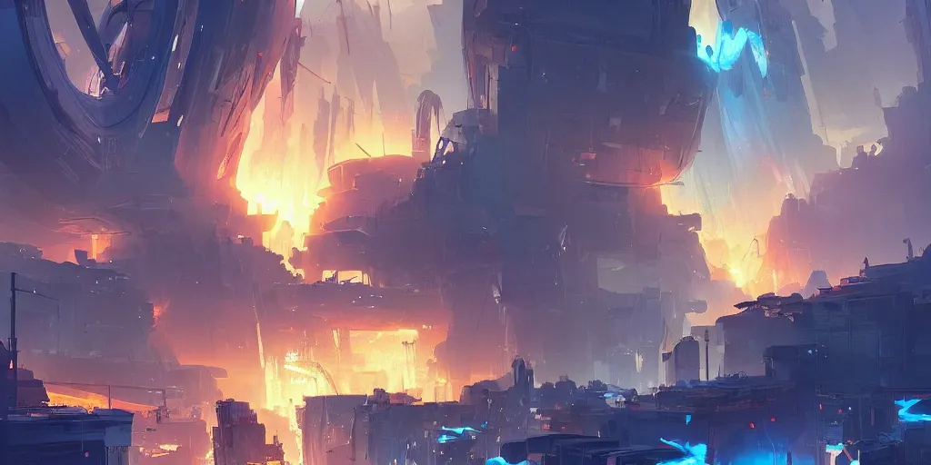 Prompt: a destroyed city after science fiction magic bombe explosion, blue electric arcs, arcane series style, landscape, game design fanart by concept artist gervasio canda, behance hd by jesper ejsing, by rhads, makoto shinkai and lois van baarle, ilya kuvshinov