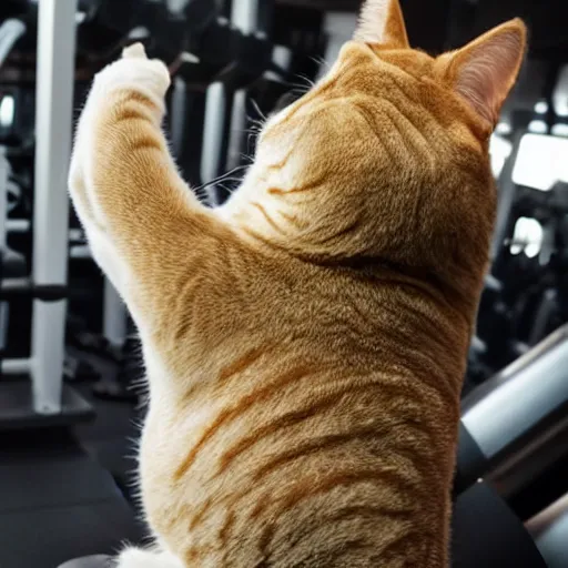 Prompt: a very fat cat doing exercises at the gym, photorealistic, hd