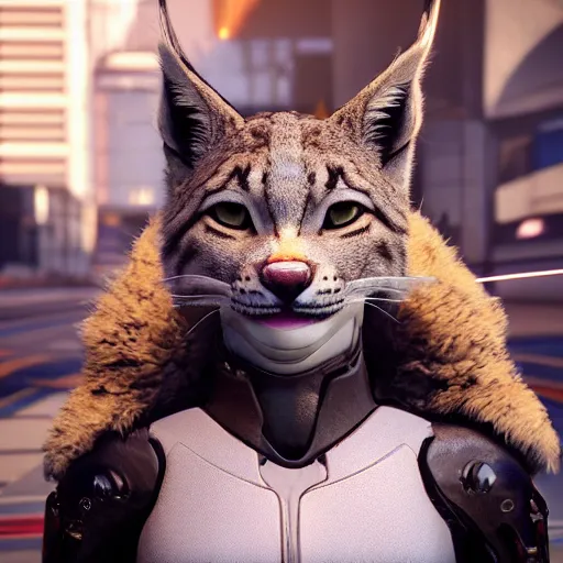 Prompt: “beautiful up close photo of an anthropomorphic lynx cat, wearing futuristic armour staring toward camera while sitting in the streets of area 18 on arccorp plaza, star citizen”