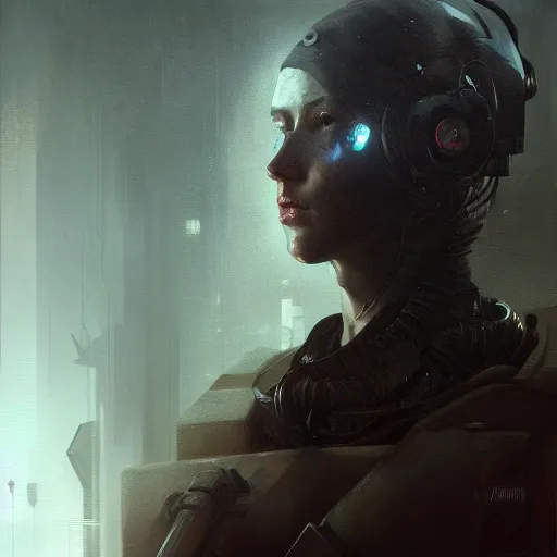 Prompt: cybernetics, dystopian future, chiaroscuro, high detail, painted by greg rutkowski, painted by igor kieryluk, painted by bobby chiu, trending on artstation