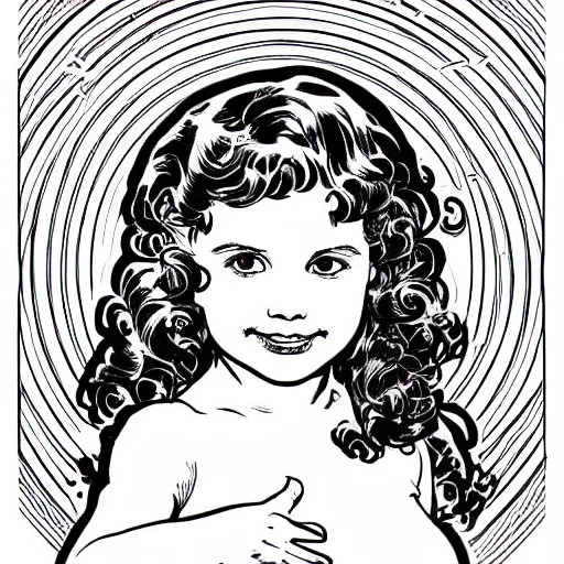 Image similar to clean simple line art of a little girl with wavy curly hair. white background. well composed, clean black and white line drawing, beautiful detailed face. illustration by steve ditko and jack kirby and alphonse mucha