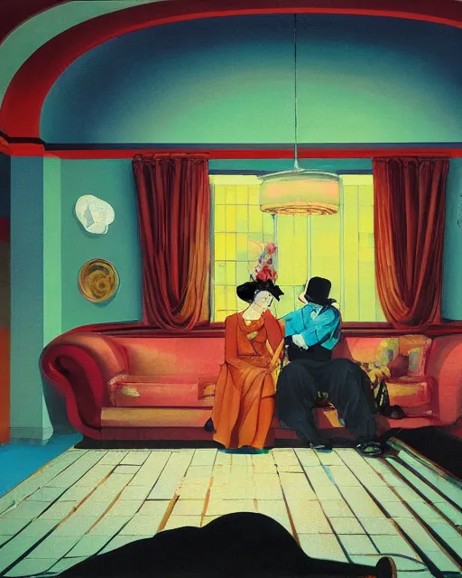 Image similar to old dead couple sitting on a couch and a person inside a large aquarium with clouds at red and yellow art deco interior room in the style of Francis Bacon and Syd Mead, open ceiling, highly detailed, painted by Francis Bacon and Edward Hopper, painted by James Gilleard, surrealism, airbrush, very coherent, triadic color scheme, art by Takato Yamamoto and James Jean