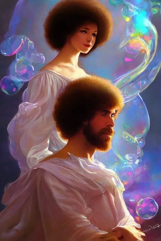 Image similar to bob ross, dreamy and ethereal,, fantasy, intricate, elegant, rainbow bubbles, highly detailed, digital painting, artstation, concept art, smooth, sharp focus, illustration, art by artgerm and greg rutkowski and alphonse mucha