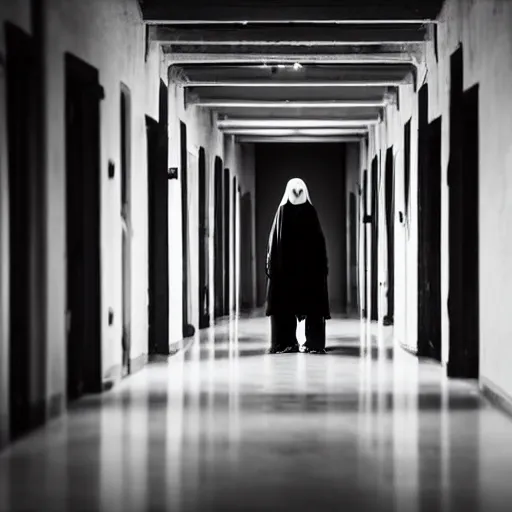 Prompt: Sinister ghost of an old crone with sunken eyes and a grimace smile standing ominously at the end of a dark corridor. Horror HD photo