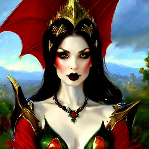 Image similar to Gothic elf princess in red dragon armor by Konstantin Razumov, face close up