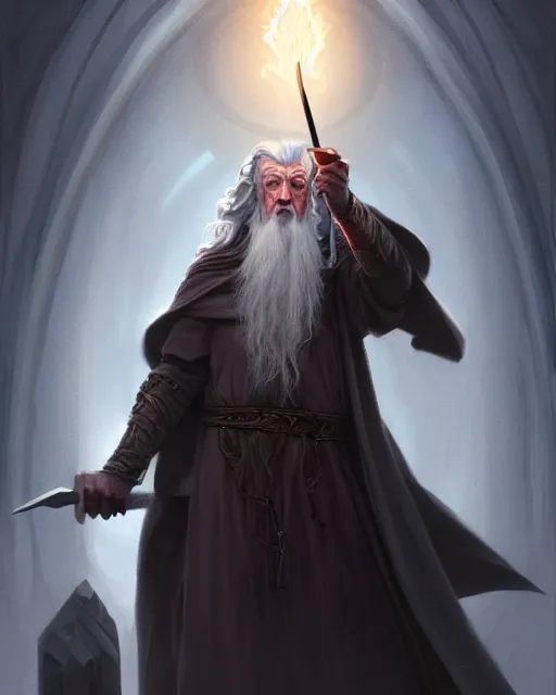 Prompt: Gandalf the grey casting a magic giant fork spell, crimson led, glowing, D&D, fantasy, intricate, elegant, highly detailed, digital painting, artstation, concept art, matte, sharp focus, illustration, hearthstone, art by Artgerm and Greg Rutkowski and Alphonse Mucha