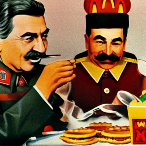 Prompt: joseph stalin enjoying a happy meal at mcdonald's, colored, 8 k, hyperdetailed