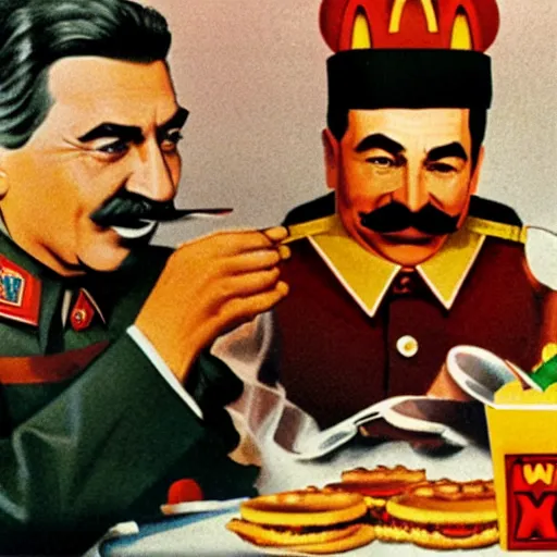 Image similar to joseph stalin enjoying a happy meal at mcdonald's, colored, 8 k, hyperdetailed