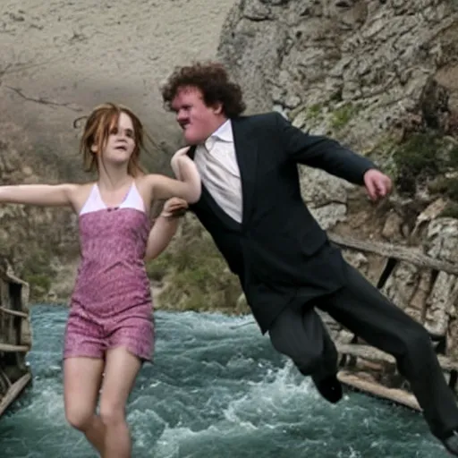 Prompt: a photograph of john c reilly throwing emma watson off of a bridge into a river