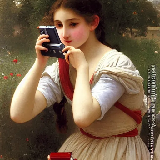 Prompt: teenage girl playing on her nintendo switch, painting by adolphe bouguereau, hyper detailed,