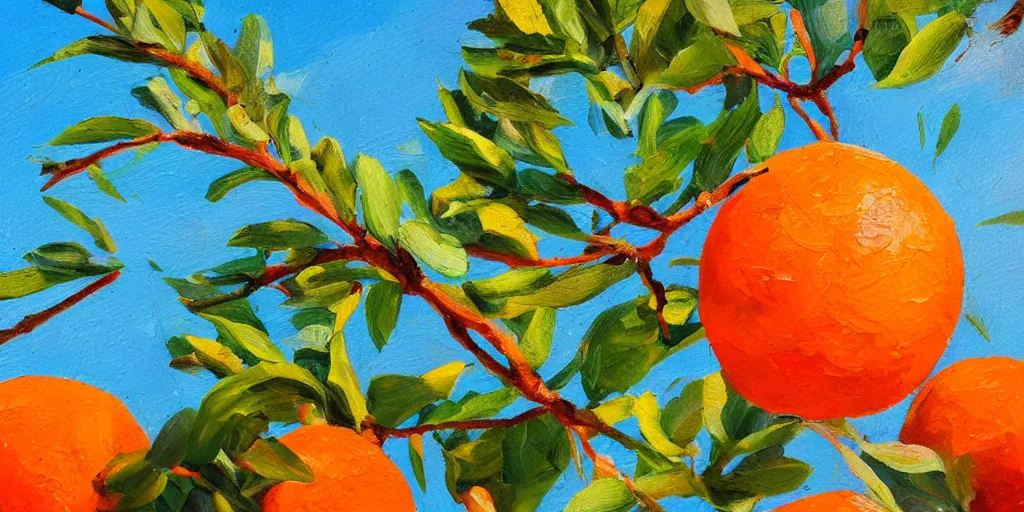 Image similar to brunch of orange tree against bright blue sky closeup, oil paint