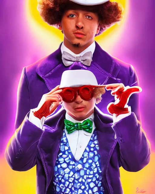 Prompt: Patrick Mahomes as Willy Wonka, digital illustration portrait design, detailed, gorgeous lighting, dynamic portrait