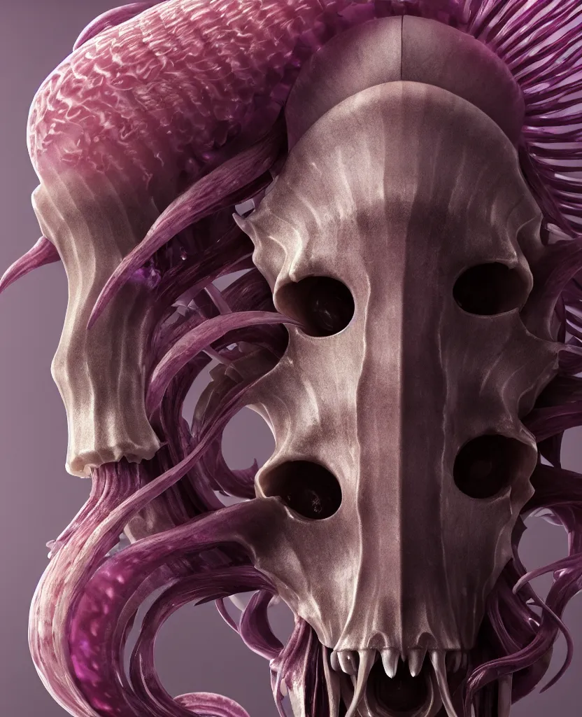 Image similar to goddess close-up portrait ram skull. jellyfish phoenix head, nautilus, orchid, ram skull, betta fish, bioluminiscent creatures, intricate artwork by Tooth Wu and wlop and beeple. octane render, trending on artstation, greg rutkowski very coherent symmetrical artwork. cinematic, hyper realism, high detail, octane render, 8k