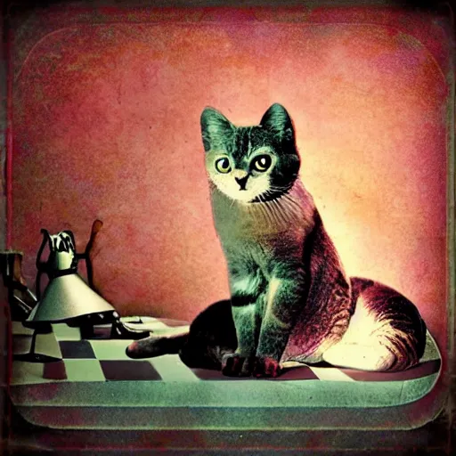 Prompt: the kitsch meow. surreal whimsical retro photograph.