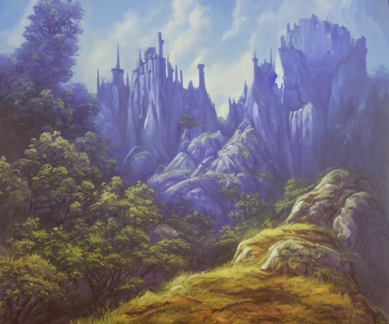 Image similar to medieval fantasy artwork. woodland with cliffs in the background. on top of the cliffs is a castle made of pure blue light. oil on canvas.