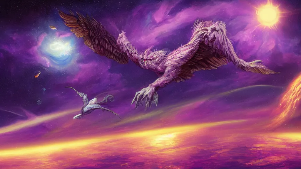 Prompt: Surrealist painting of a winged monster flying over the ocean, with a starry sky full of glowing planets behind it, purple color scheme, fantasy artwork, award winning, hyper detailed, very very very very very very very very very very very very very very very very very beautiful, studio lighting, artstation