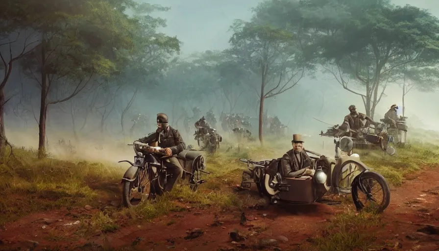 Image similar to a british officer driving a motorcycle at high speed in 1921 in kerala forest road, local people chasing to attack, furious action scene, chase, an epic fantasy, dramatic lighting, cinematic, establishing shot, extremely high detail, photorealistic, cinematic lighting, artstation, by simon stalenhag, horizon forbidden west