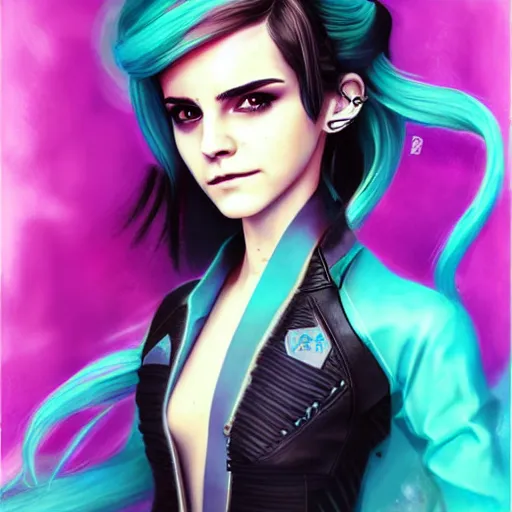 Image similar to emma watson as hatsune miku, she is wearing cyberpunk dress, character portrait. cinematic lightning, art by artgerm and tom bagshaw