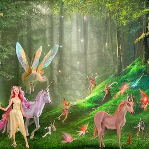 Prompt: photo of fairies and unicorns in a a heavenly forest