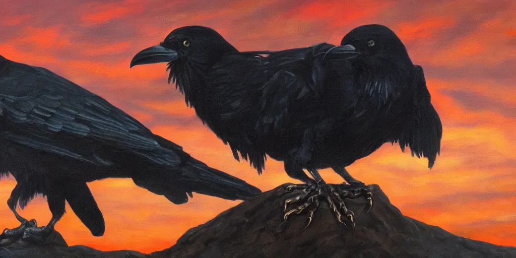 Prompt: oil painting of a single black raven perched on a human skull without a jaw, piles of bones, red sky, centered, long shot