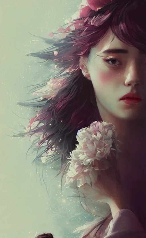 Image similar to bestselling movie poster, official media,a cinematic beautiful closeup moment of saying goodbye with peonies, simple form, brutal shapes, shaman, pixiv, 1970s fashion, official anime media, cinematic lighting, artwork by doja cat, charlie bowater, waterhouse, ,greg rutkowski, wong kar wai