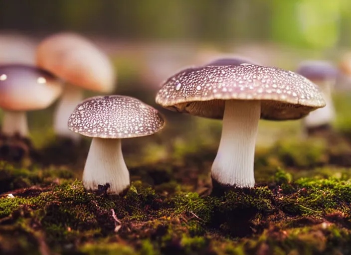 Image similar to a magical forest with delicate mushrooms that glow in the dusk, macro close up, bokeh,