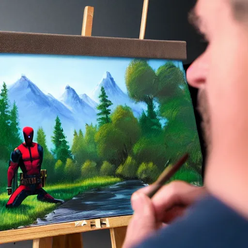 Image similar to a closeup photorealistic photograph of bob ross working on a canvas painting of deadpool. film still. brightly lit scene. mountains and trees. this 4 k hd image is trending on artstation, featured on behance, well - rendered, extra crisp, features intricate detail, epic composition and the style of unreal engine.