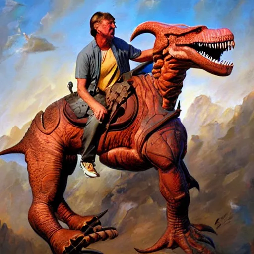 Prompt: coach steve spurrier riding a dinosaur intricate, hyper detailed, realistic, oil painting, by julie bell, frank frazetta, cinematic lighting