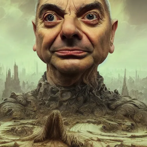 Prompt: Very very very very highly detailed epic central composition photo of Mr Bean face, intricate, utopian, sci-fi, extremely detailed, digital painting, smooth, sharp focus, illustration, intimidating lighting, incredible art by Brooke Shaden, artstation, concept art, Octane render in Maya and Houdini