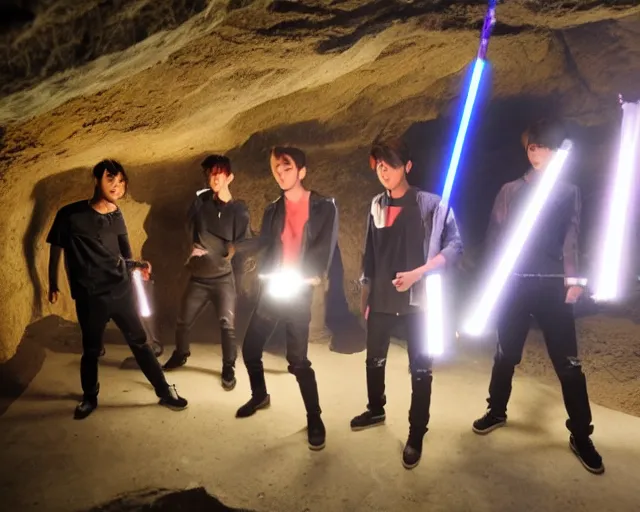 Image similar to neolithic cave gig, generic kpop boy band, lasers, light sabers, blaster pistols, smoke machine, cdx