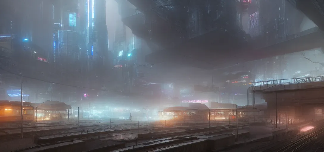 Prompt: dramatic view of cyberpunk train station, colored fog, haze, unreal engine, dramatic lighting, detailed, ambient occlusion, global illumination, god rays, 3 d artstation render by greg rutowski and jessica rossier