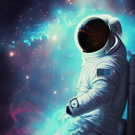 Image similar to portrait of an astronaut floating in a nebula, digital art, detailed