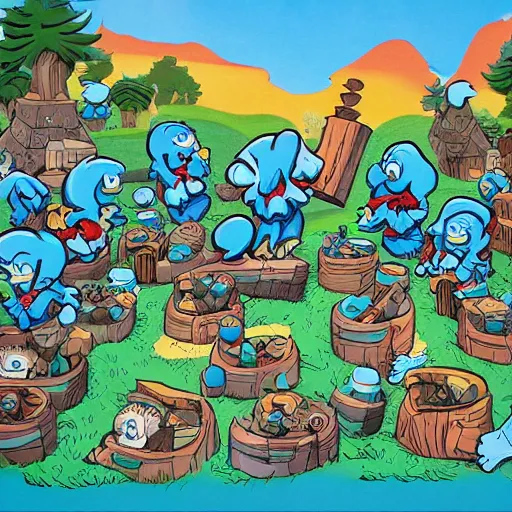 Image similar to the smurf village, artwork by skottie young