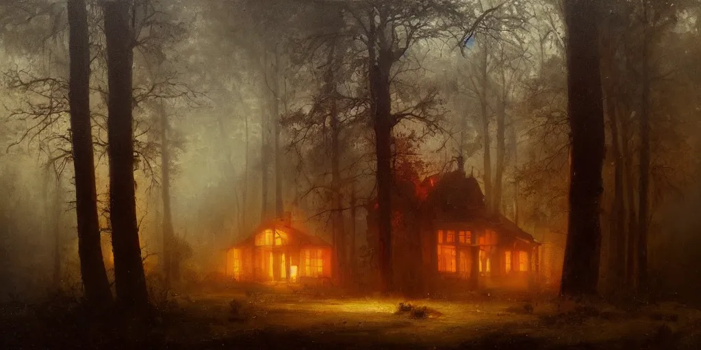 Prompt: an old house with red light on from the windows during the night in a forest, mystical fog, oil on canvas, details, a desert road next to the house, art by andreas achenbach and alena aenami
