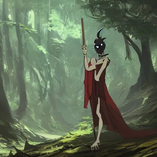 Image similar to concept art painting of an anthropomorphic dragon king with black robes, a long neck, and skull mask, in a deep forest, cel shaded, in the style of makoto shinkai and james gurney and studio ghibli and moebius